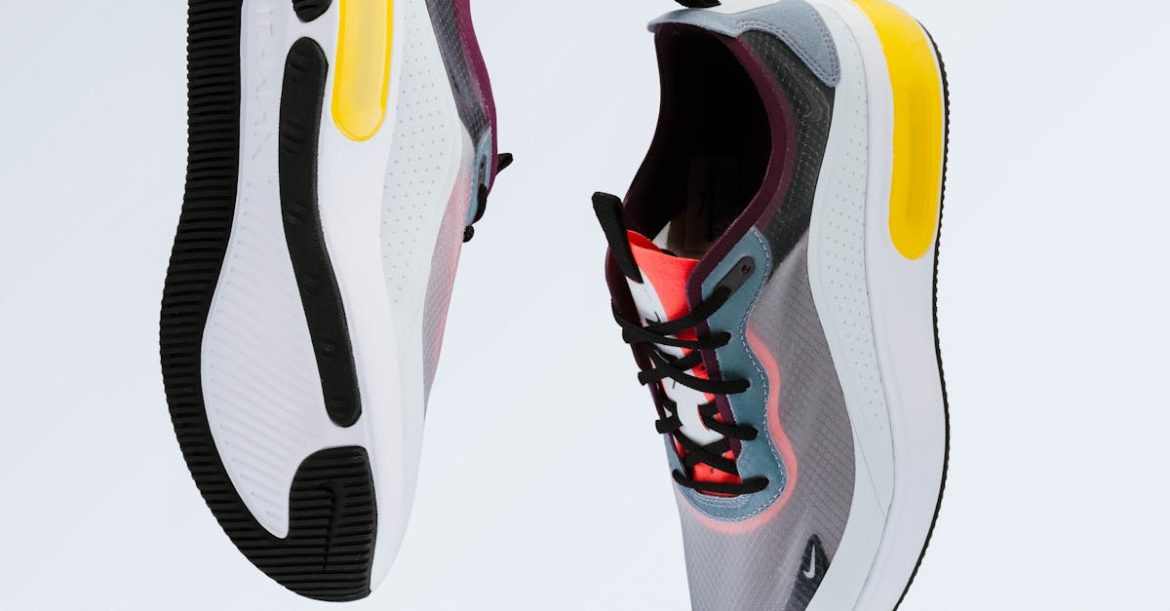 Floating modern sneakers showcasing trendy design and vibrant colors.