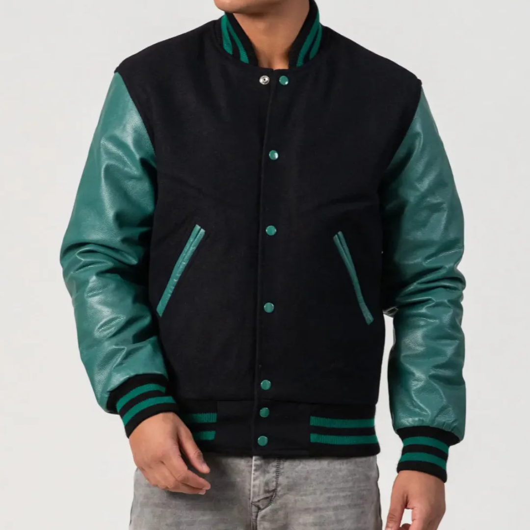 Black Melton Wool with Teal Leather Sleeves